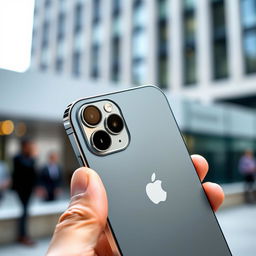 A close-up view of an iPhone 16 Pro Max, showcasing its sleek design features such as the vibrant Super Retina XDR display, the advanced camera system with multiple lenses on the back, and the distinctive Apple logo