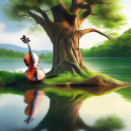 A high-quality digital art image featuring a massive, lush tree standing beside a serene lake