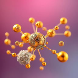 A highly detailed and visually appealing image of gold nanoparticles, prominently displayed and coated with proteins