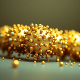 A highly detailed and visually appealing image of gold nanoparticles, prominently displayed and coated with proteins