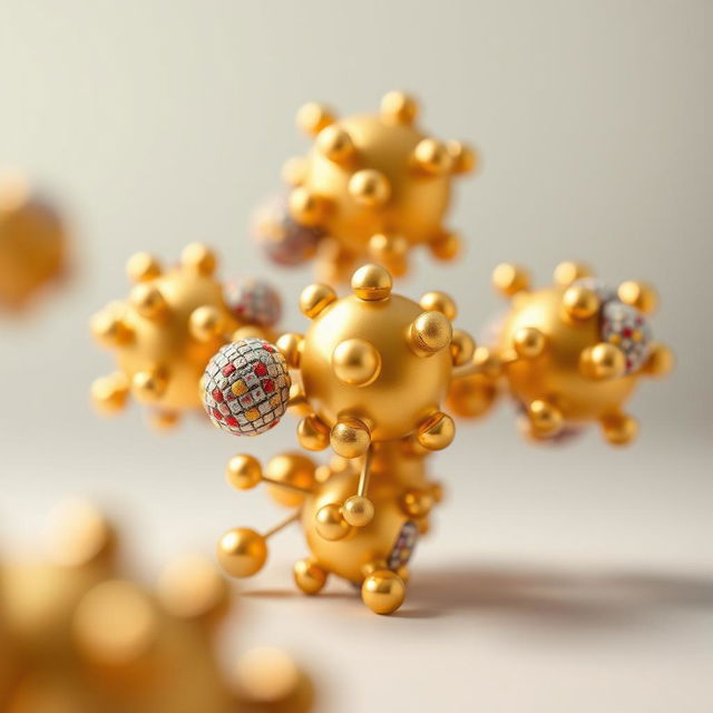 A highly detailed and visually appealing image of gold nanoparticles, prominently displayed and coated with proteins