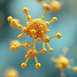A highly detailed and visually appealing image of gold nanoparticles, prominently displayed and coated with proteins