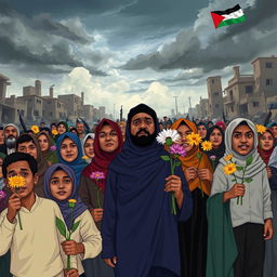 A powerful and thought-provoking illustration titled "Bunga yang Terjajah" showcasing a scene of war-torn communities, depicting the struggles and resilience of people affected by the conflict with Israel