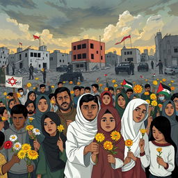 A powerful and thought-provoking illustration titled "Bunga yang Terjajah" showcasing a scene of war-torn communities, depicting the struggles and resilience of people affected by the conflict with Israel