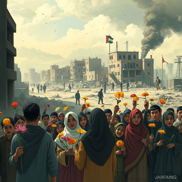 A powerful and thought-provoking illustration titled "Bunga yang Terjajah" showcasing a scene of war-torn communities, depicting the struggles and resilience of people affected by the conflict with Israel