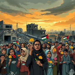 A powerful and thought-provoking illustration titled "Bunga yang Terjajah" showcasing a scene of war-torn communities, depicting the struggles and resilience of people affected by the conflict with Israel