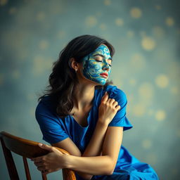 A woman sitting gracefully on a chair, wearing a beautiful blue dress, with her eyes closed in a serene expression
