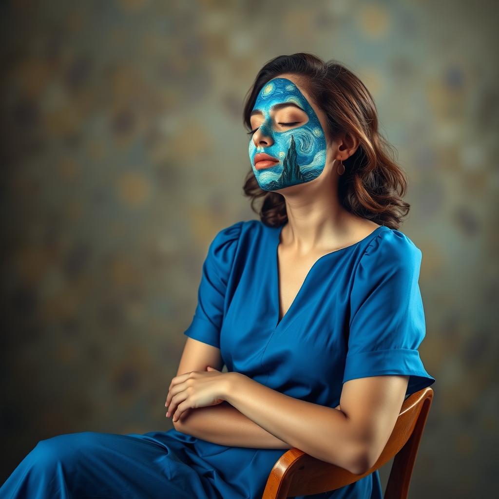 A woman sitting gracefully on a chair, wearing a beautiful blue dress, with her eyes closed in a serene expression