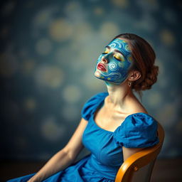 A woman sitting gracefully on a chair, wearing a beautiful blue dress, with her eyes closed in a serene expression