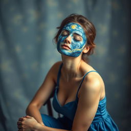 A woman sitting gracefully on a chair, wearing a beautiful blue dress, with her eyes closed in a serene expression