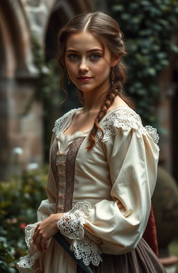 A beautiful girl in the center, dressed in exquisite clothing from the medieval British era of the 1800s, showcasing intricate lace and elegant fabrics