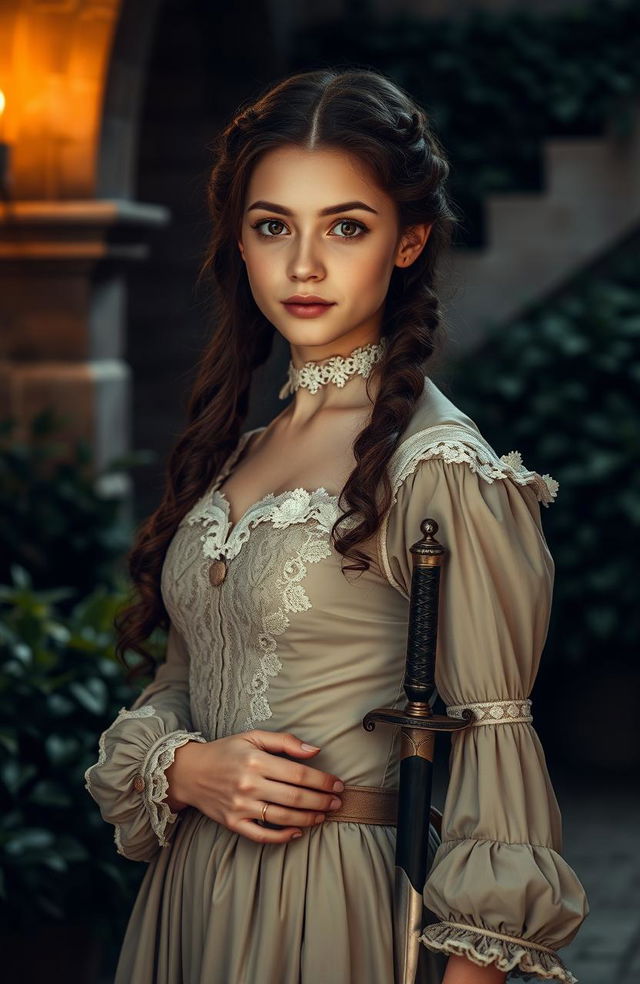 A beautiful girl in the center, dressed in exquisite clothing from the medieval British era of the 1800s, showcasing intricate lace and elegant fabrics