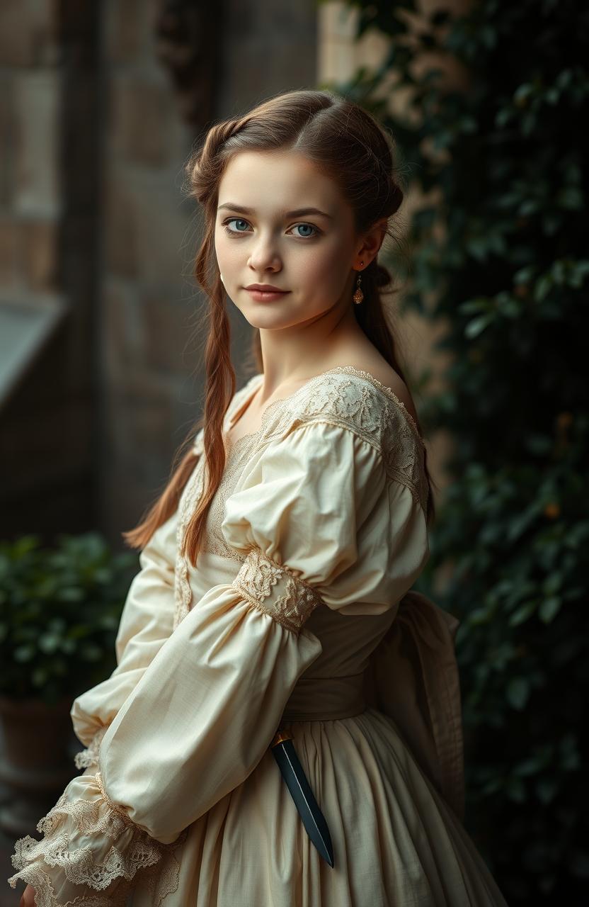 A beautiful girl in the center, dressed in exquisite clothing from the medieval British era of the 1800s, showcasing intricate lace and elegant fabrics