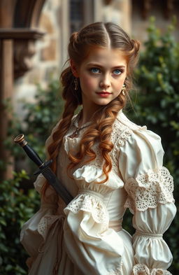 A beautiful girl in the center, dressed in exquisite clothing from the medieval British era of the 1800s, showcasing intricate lace and elegant fabrics