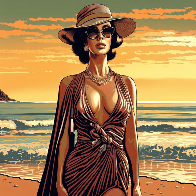 This high-quality digital art depicts an elegant and sophisticated woman on a beach, embodying the allure and intrigue of James Bond's companions