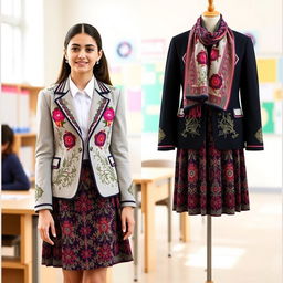 A modern school uniform featuring intricate Iranian designs, showcasing traditional Persian patterns and motifs