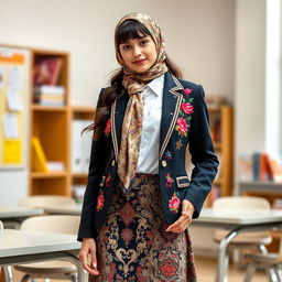 A modern school uniform featuring intricate Iranian designs, showcasing traditional Persian patterns and motifs