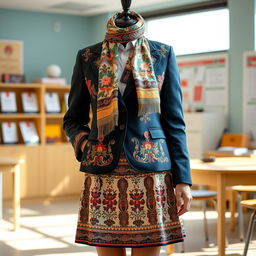 A modern school uniform featuring intricate Iranian designs, showcasing traditional Persian patterns and motifs