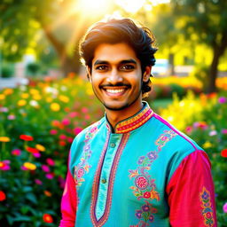 A handsome Indian man with a charming smile, wearing a traditional kurta in vibrant colors, showcasing intricate embroidery patterns