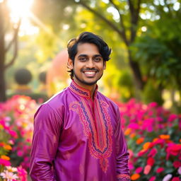 A handsome Indian man with a charming smile, wearing a traditional kurta in vibrant colors, showcasing intricate embroidery patterns