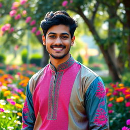 A handsome Indian man with a charming smile, wearing a traditional kurta in vibrant colors, showcasing intricate embroidery patterns