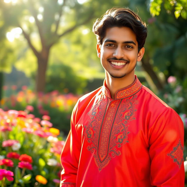 A handsome Indian man with a charming smile, wearing a traditional kurta in vibrant colors, showcasing intricate embroidery patterns