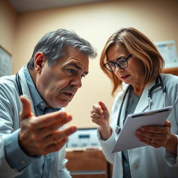 An intense scene in a doctor's office where a frustrated patient is insisting that the doctor prescribe antibiotics