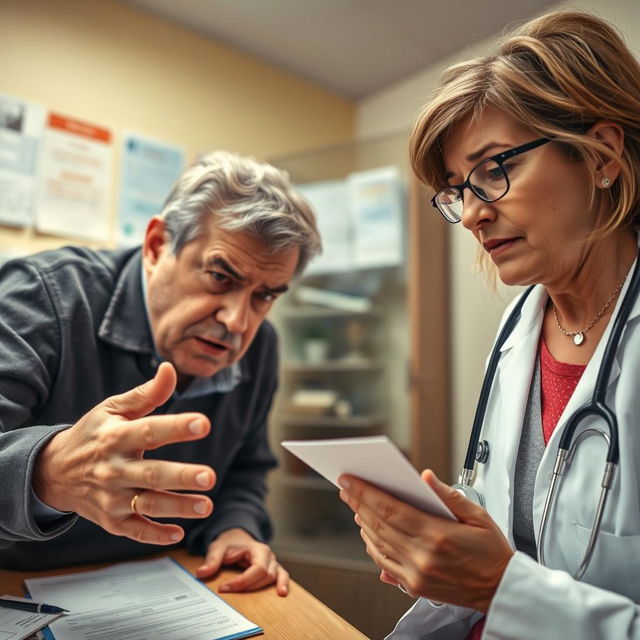 An intense scene in a doctor's office where a frustrated patient is insisting that the doctor prescribe antibiotics