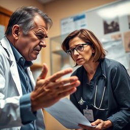 An intense scene in a doctor's office where a frustrated patient is insisting that the doctor prescribe antibiotics