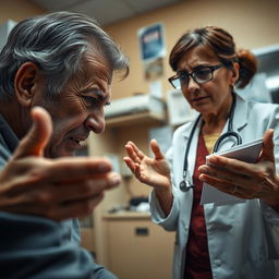An intense scene in a doctor's office where a frustrated patient is insisting that the doctor prescribe antibiotics