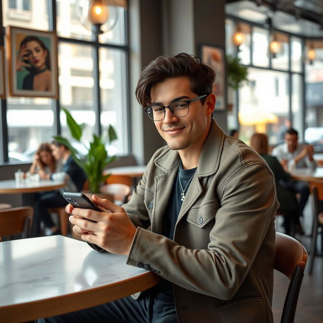 A modern lifestyle scene featuring a stylish individual seated at a café table, the focus is on the person with a sleek iPhone 16 Pro Max in their hand