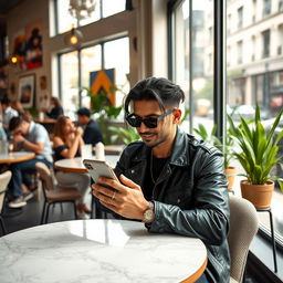A modern lifestyle scene featuring a stylish individual seated at a café table, the focus is on the person with a sleek iPhone 16 Pro Max in their hand