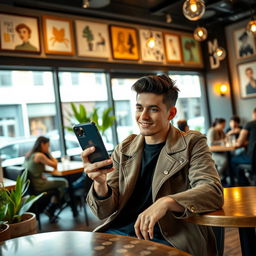 A modern lifestyle scene featuring a stylish individual seated at a café table, the focus is on the person with a sleek iPhone 16 Pro Max in their hand