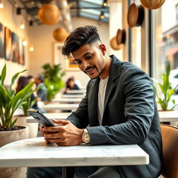 A modern lifestyle scene featuring a stylish individual seated at a café table, the focus is on the person with a sleek iPhone 16 Pro Max in their hand
