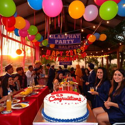 A vibrant graduation party scene showcasing a decorated venue with colorful balloons, streamers, and banners celebrating the graduate's achievement