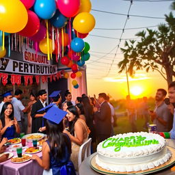 A vibrant graduation party scene showcasing a decorated venue with colorful balloons, streamers, and banners celebrating the graduate's achievement
