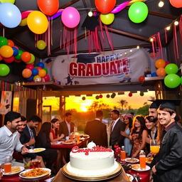 A vibrant graduation party scene showcasing a decorated venue with colorful balloons, streamers, and banners celebrating the graduate's achievement