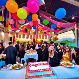 A vibrant graduation party scene showcasing a decorated venue with colorful balloons, streamers, and banners celebrating the graduate's achievement