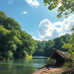 A serene and beautiful landscape featuring a large, lush, green forest with tree leaves softly swaying in a gentle breeze