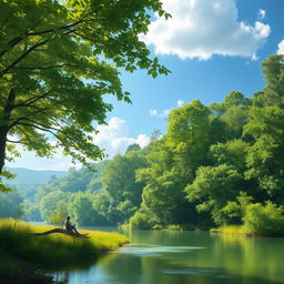 A serene and beautiful landscape featuring a large, lush, green forest with tree leaves softly swaying in a gentle breeze
