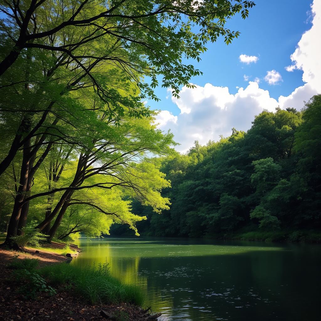A serene and beautiful landscape featuring a large, lush, green forest with tree leaves softly swaying in a gentle breeze