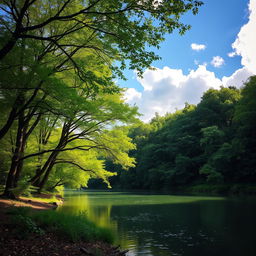 A serene and beautiful landscape featuring a large, lush, green forest with tree leaves softly swaying in a gentle breeze