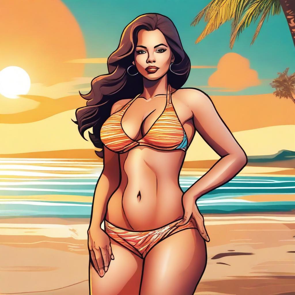 A digital art image of a confident woman in a fashionable bikini