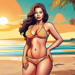 A digital art image of a confident woman in a fashionable bikini