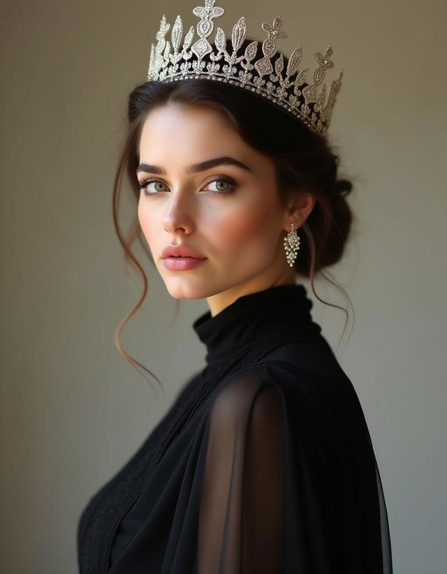 A beautiful elegant lady wearing a crown like a princess, dressed in a stunning black outfit