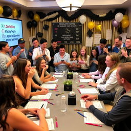 A fun and interactive graduation party game setting where guests are engaged in a quiz competition about the graduate's life and achievements