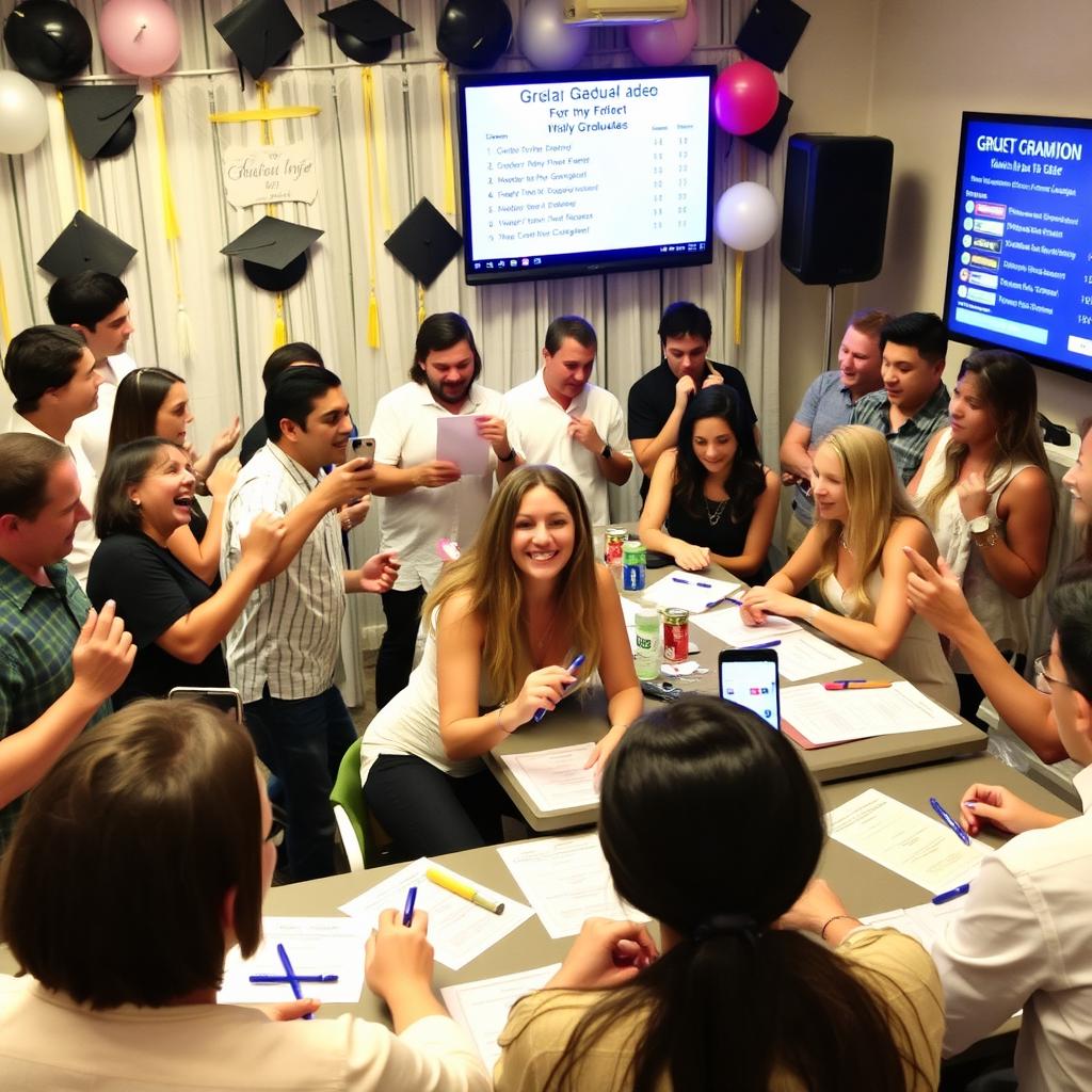 A fun and interactive graduation party game setting where guests are engaged in a quiz competition about the graduate's life and achievements