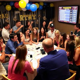 A fun and interactive graduation party game setting where guests are engaged in a quiz competition about the graduate's life and achievements