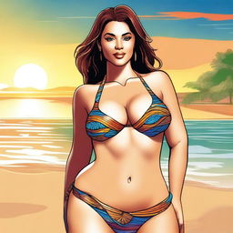 A digital art image of a confident woman in a fashionable bikini