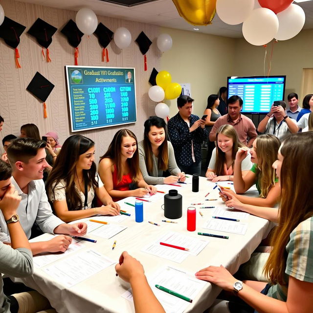 A fun and interactive graduation party game setting where guests are engaged in a quiz competition about the graduate's life and achievements